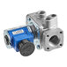 An industrial gas valve with a blue actuator and multiple threaded ports.