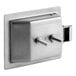 A stainless steel metal door latch paddle with two bolts.