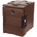 A brown plastic container with a black door.