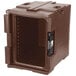 A dark brown Cambro front loading insulated food pan carrier with a door open.