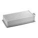 A silver rectangular metal box with a lid and a white rectangular object with a handle.