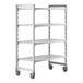 A white Cambro Camshelving® Premium mobile shelving unit with 4 shelves and wheels.