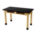 A black table with wood legs.