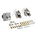 A group of small metal objects with wires and screws including a hose and three gas valves.