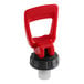A red plastic handle with a black cap and a black handle on a white background.
