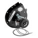 A black and silver blower motor with black wires.