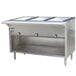 A stainless steel Eagle Group liquid propane steam table with an open well holding three trays.