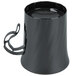 A black plastic coffee cup with a handle.