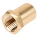 A close-up of a brass nut with a threaded hole.