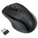 a black computer mouse with blue text