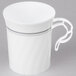 A white plastic coffee cup with silver accents.