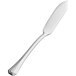 A silver butter knife with a long handle.