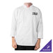 A person wearing a white Mercer Culinary chef jacket with full mesh back. The jacket has the word "chef" on it.