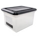 An Innovative Storage Designs clear plastic file tote with black lid.