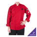 A person wearing a Mercer Culinary red chef coat over a white shirt.