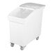 A white slant top mobile ingredient storage bin with a sliding lid and scoop, designed for bulk storage and easy access.