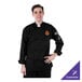 A man wearing a black Mercer Culinary chef's jacket with cloth knot buttons.