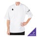 A man wearing a white Mercer Culinary short sleeve chef jacket with a full mesh back.