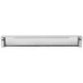 A silver metal shelf with a black border and a black handle.