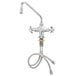 A T&S chrome laboratory faucet with flex inlets and a hose attached.