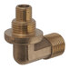 A close-up of a brass threaded pipe fitting with a thread on one end.