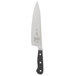 A Mercer Culinary Renaissance Forged Chef's Knife with a black handle and white blade.