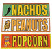 A group of signs for nachos, popcorn, and peanuts on a white background.