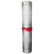A white cylinder with a red band and a red handle on top.