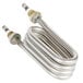 A close-up of a silver metal heating element with a metal spiral coil.