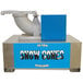 A close-up of a Benchmark USA Snow Blitz portable snow cone machine with a blue sign.