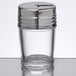 A clear glass American Metalcraft cheese shaker with a stainless steel lid.