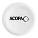 A white Acopa ramekin with black text on it.