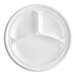 A Dart Famous Service white plastic plate with three compartments.