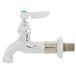 A silver T&S mop sink faucet with a blue lever handle.