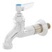 A chrome T&S mop sink faucet with a blue lever handle.