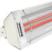 A red and white Schwank 2 stage electric patio heater.