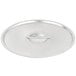 A close-up of a Vollrath stainless steel pan lid with a handle.