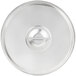 A close-up of a Vollrath stainless steel pot/pan cover with a circular hole.