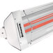 A close-up of the red light on a white Schwank outdoor patio heater.