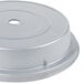 A white plastic Cambro plate cover with a silver metallic lid and a hole in it.