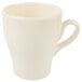 A close-up of an Elite Global Solutions antique white melamine mug with a handle.