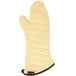 A yellow San Jamar oven mitt with black trim.