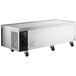 An Avantco stainless steel refrigerated chef base with wheels.