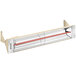 A Schwank beige metal outdoor patio heater with red lights.