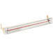 A beige metal Schwank outdoor patio heater with red lines and a red light.