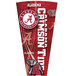 A red and white University of Alabama logo on a round table top with a red and white striped border.