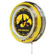 A yellow and black clock with the University of Iowa Hawkeyes logo.