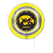 A round wall clock with a yellow neon border and the University of Iowa Hawkeyes logo in the center.