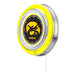 A round wall clock with a yellow neon border and the University of Iowa Hawkeyes logo on the face.