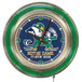 A green and silver Holland Bar Stool University of Notre Dame 15" neon clock with a leprechaun face.